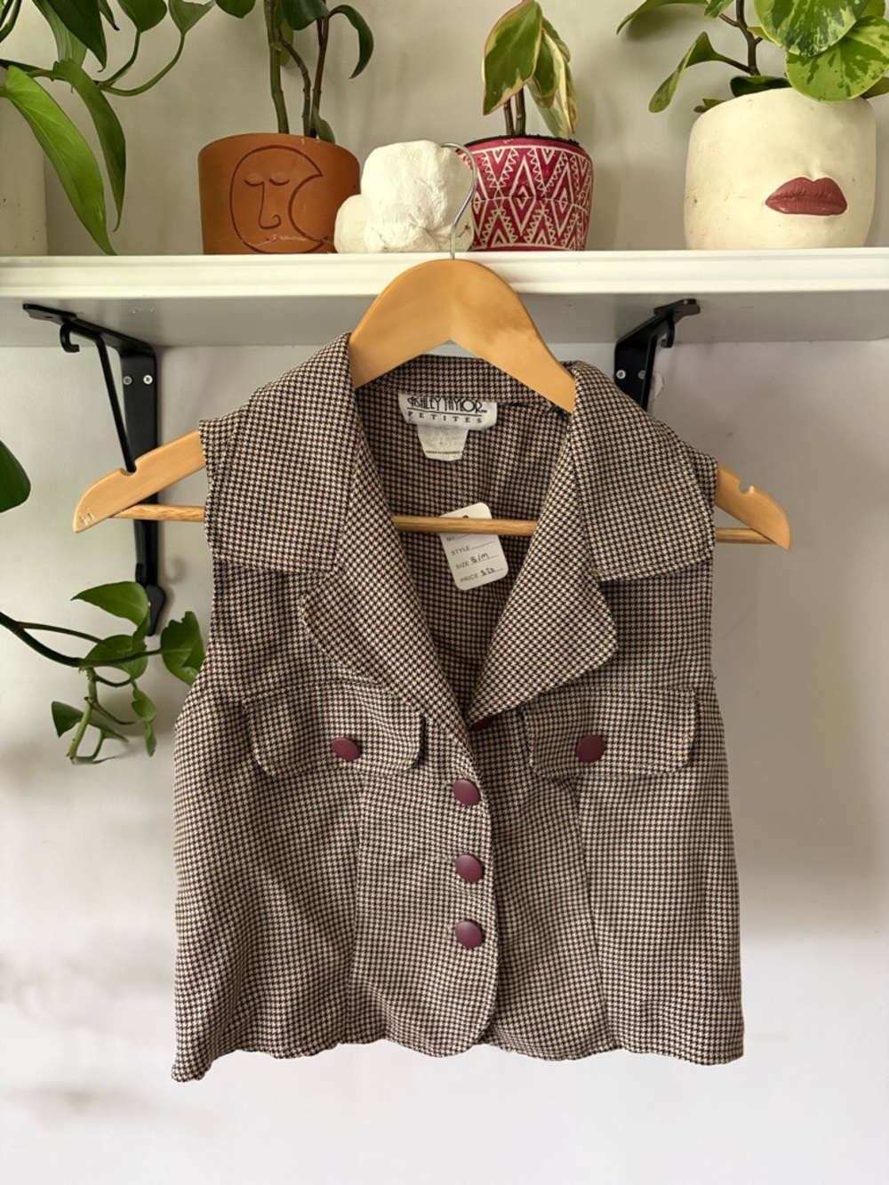 Ashley Taylor Petite Brown and Black Houndstooth Vest with Purple Accents